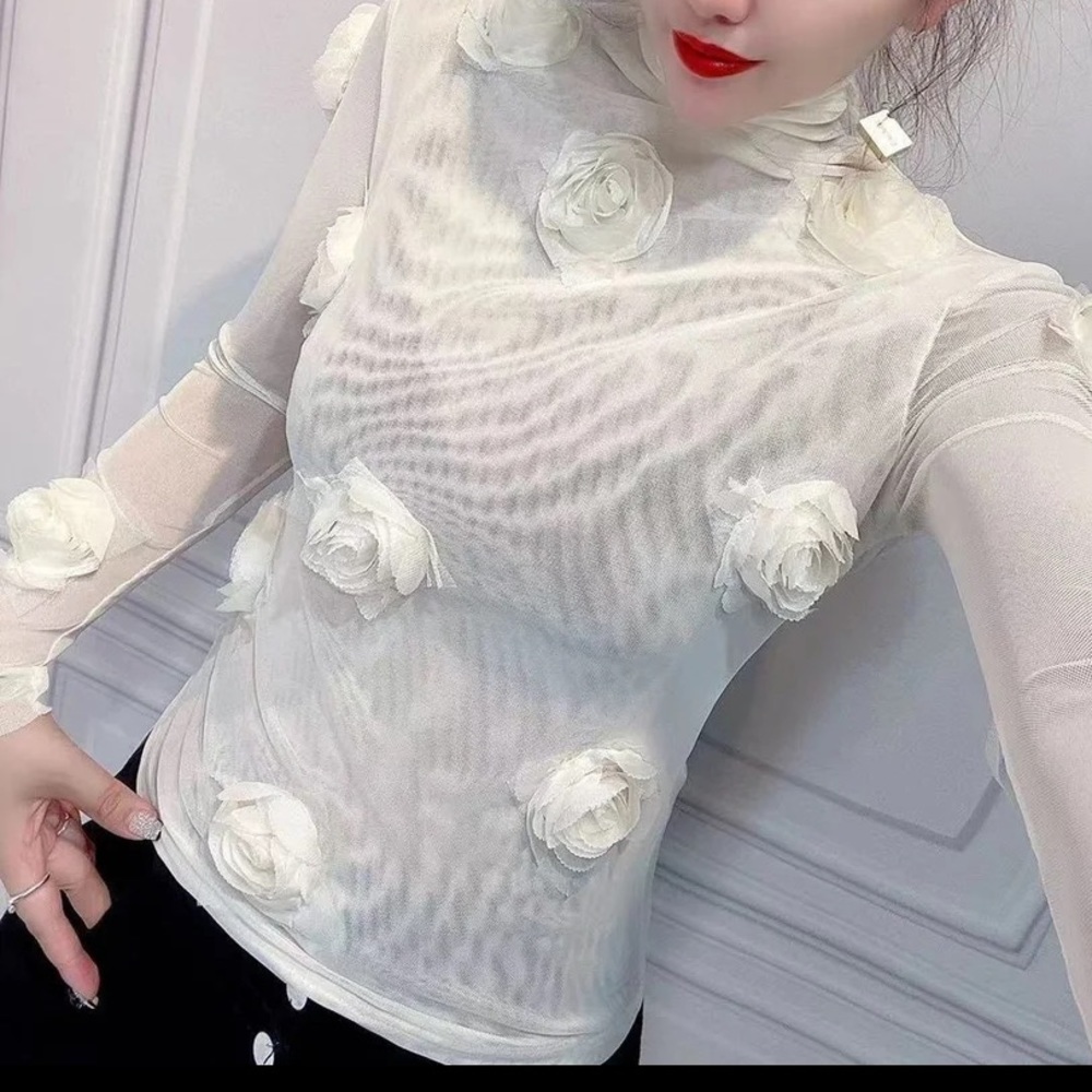 🎉New 24’Spring Summer 3-D Pink Solid Flower Stretch Mesh Turtleneck Top - Picture 10 of 10